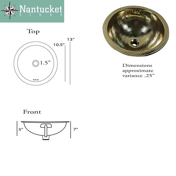 Nantucket ROB-OF - 13" Hand Hammered Brass Round Undermount Bathroom Sink, Brass With Overflow