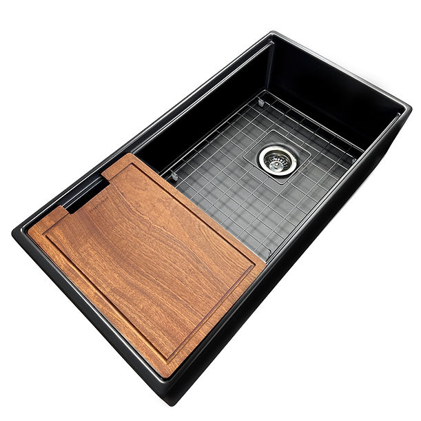 Nantucket 36" Matte Black Farmhouse Workstation Fireclay Sink with Offset Drain