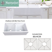 Nantucket Chatham-39-DBL 39" Double Bowl Fireclay Farmhouse Apron ink with reversible facadesPlain on one side and arched on the other