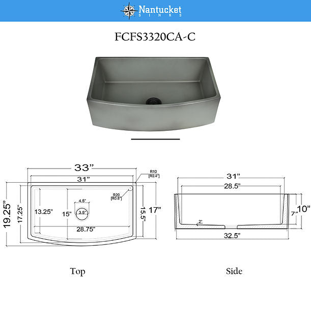 Italian Made Fine Fireclay Curved Apron Farmer Sink Optional Bottom Grid - BG-FC3320CA