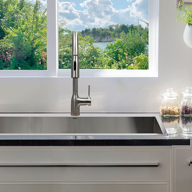 Brushed Stainless Kitchen Faucet with Arched Pull Down Design