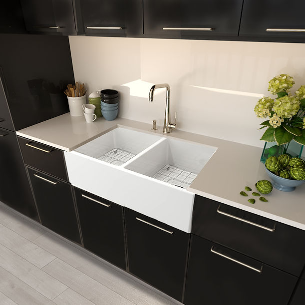 Nantucket 36" Double Bowl Farmhouse Fireclay Sink with Grids and Drains