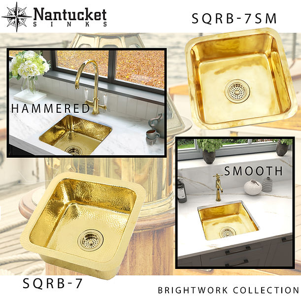 Nantucket SQRB-7SM 16.62" Smooth Unlacquered Brass Square Undermount or Top Mount Bar Sink