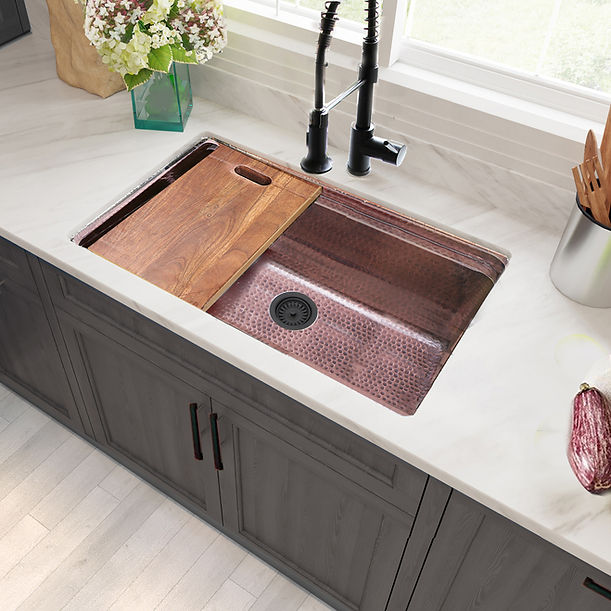 Nantucket Brightwork Collection Hammered Copperl Large Single Bowl Prep Station Sink includes Accacia Cutting Board