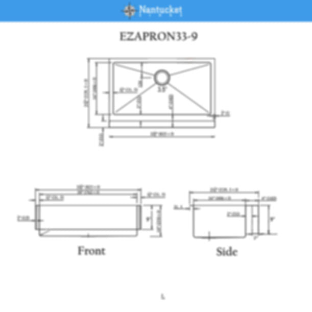 Nantucket EZApron33-9 Patented Design Pro Series Single Bowl Undermount Stainless Steel Kitchen Sink with 9" Apron Front