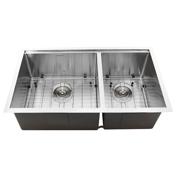 Nantucket SR-PS-3219-OS-16 Offset Double Bowl Prep Station Small Radius Undermount Stainless Sink with Accessories