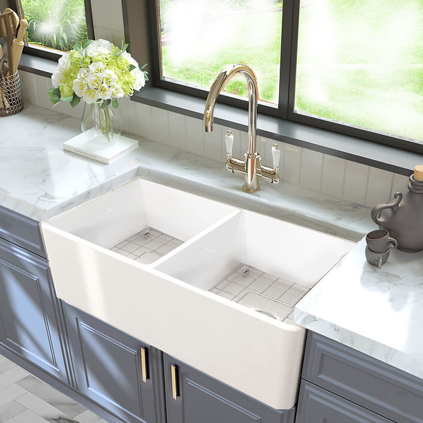 Nantucket 33" Double Bowl Farmhouse Fireclay Kitchen Sink
