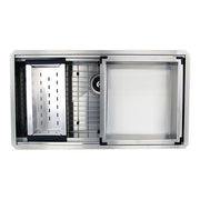 36" Pro Series Large Prep Station Single Bowl Undermount Stainless Steel Kitchen Sink, with Included Rinse Tray, Bottom Grid, Colander, and NS35CD Drain.