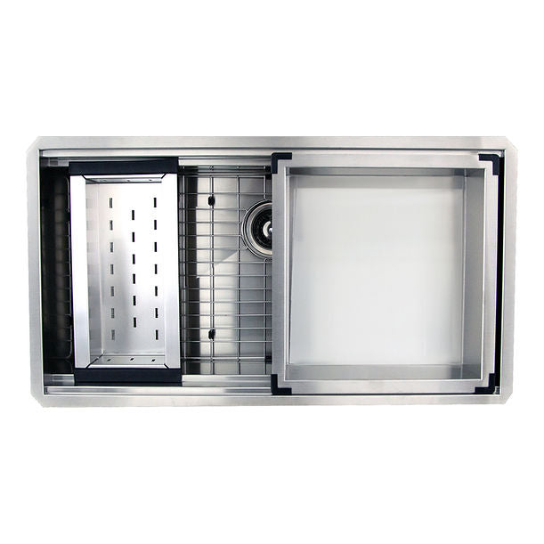 36" Pro Series Large Prep Station Single Bowl Undermount Stainless Steel Kitchen Sink, with Included Rinse Tray, Bottom Grid, Colander, and NS35CD Drain.