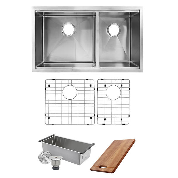 Nantucket SR-PS-3219-OS-16 Offset Double Bowl Prep Station Small Radius Undermount Stainless Sink with Accessories