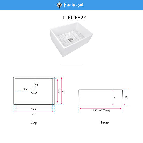 Nantucket 27" Farmhouse Fireclay Sink with Drain and Grid