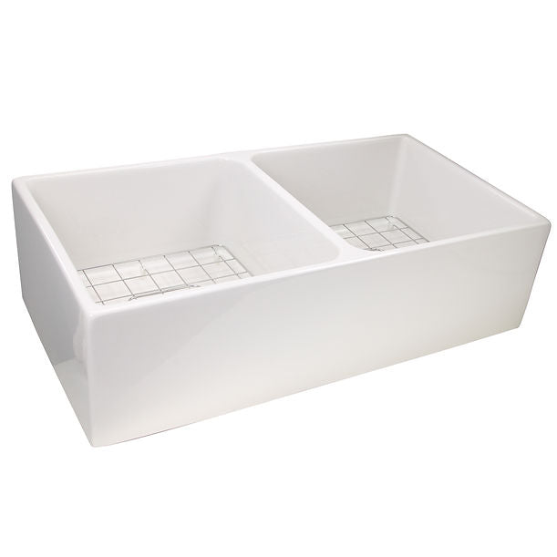 Nantucket 36" Double Bowl Farmhouse Fireclay Sink with Grids and Drains