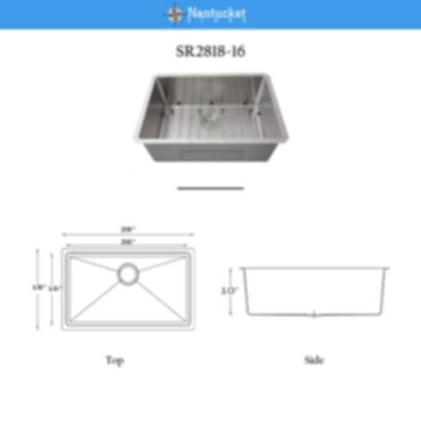Nantucket SR2818 - Pro Series Rectangle Single Bowl Undermount Small Radius Corners Stainless Steel Kitchen Sink, 16 Gauge