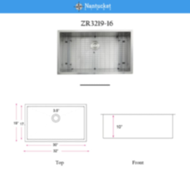 Nantucket ZR3219-16 - 32" Pro Series Large Rectangle Single Bowl Undermount Zero Radius Stainless Steel Kitchen Sink