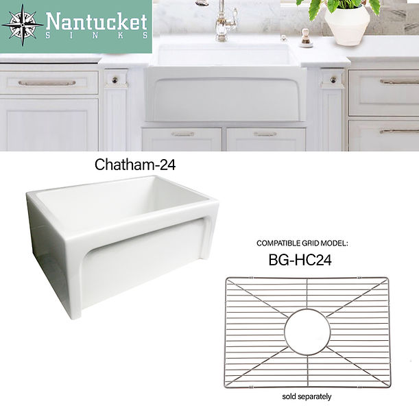 Nantucket Chatham-24 24" Fireclay Farmhouse Apron Sink with reversible facadesPlain on one side and arched on the other