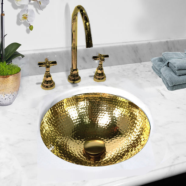 Nantucket ROB-OF - 13" Hand Hammered Brass Round Undermount Bathroom Sink, Brass With Overflow