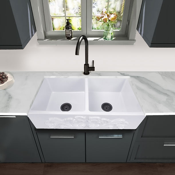 Nantucket Double Bowl Farmhouse Fireclay Sink with Filigree Apron