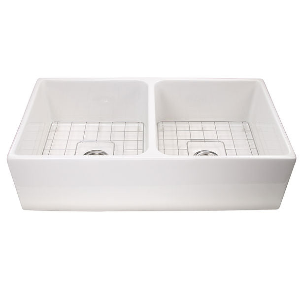 Nantucket 36" Double Bowl Farmhouse Fireclay Sink with Grids and Drains
