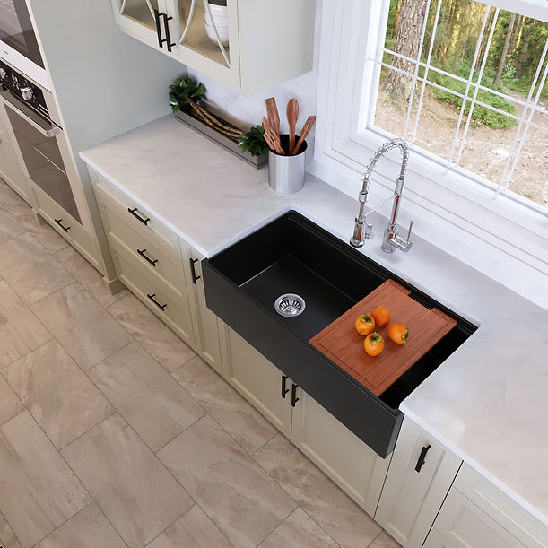 Nantucket 36" Matte Black Farmhouse Workstation Fireclay Sink with Offset Drain