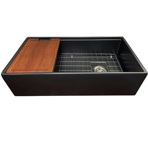 Nantucket 36" Matte Black Farmhouse Workstation Fireclay Sink with Offset Drain