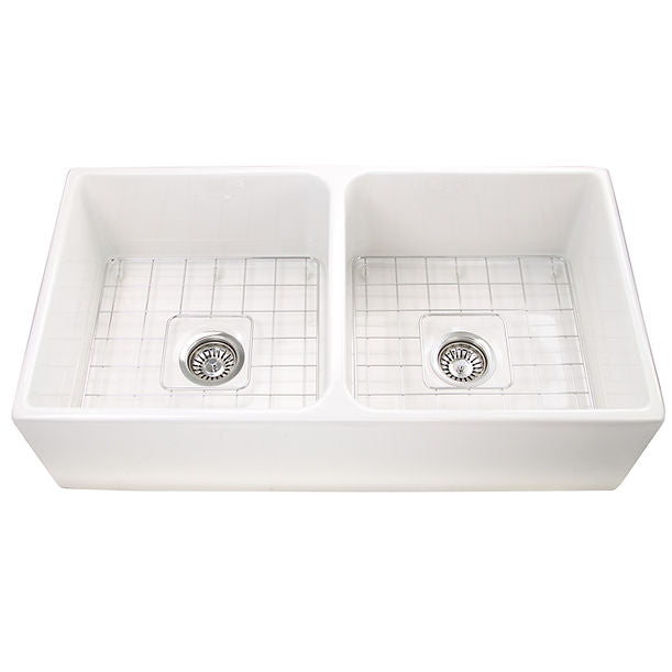Nantucket 36" Double Bowl Farmhouse Fireclay Sink with Grids and Drains