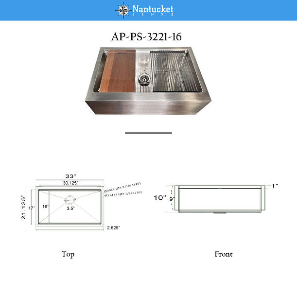 Nantucket 32" Single Bowl Workstation Farmhouse Stainless Steel Kitchen Sink