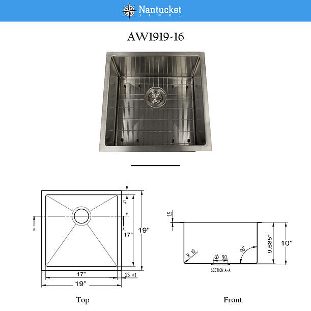 Nantucket AW1919-16 All Weather Prep-Station Single Bowl Undermount Stainless Steel Entertainment Sink