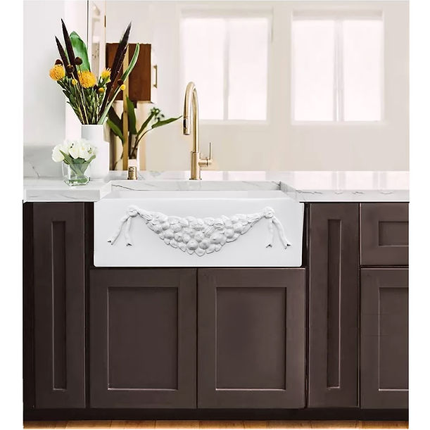Farmhouse Fireclay Apron Sink with an embossed decorative design