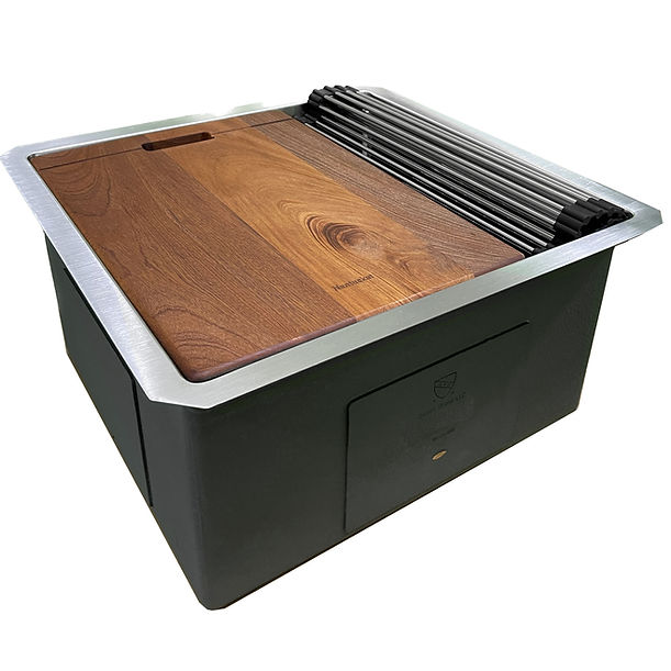 19" 16 Gauge Stainless Steel Workstation - Includes Bottom Grid, Cutting board and roll up mat.