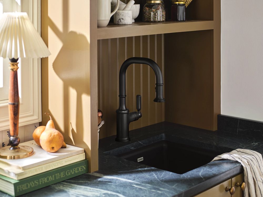 Matte black one-handle pulldown bar faucet