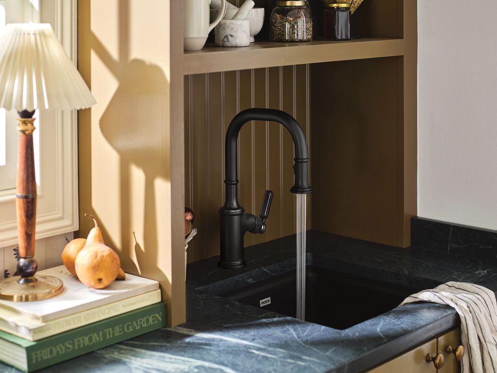 Matte black one-handle pulldown bar faucet