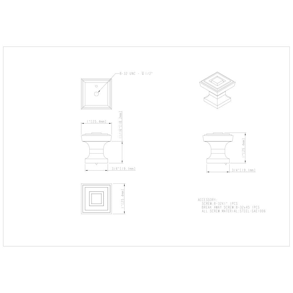 Hardware Resources 1" Overall Length Satin Nickel Square Delmar Cabinet Knob