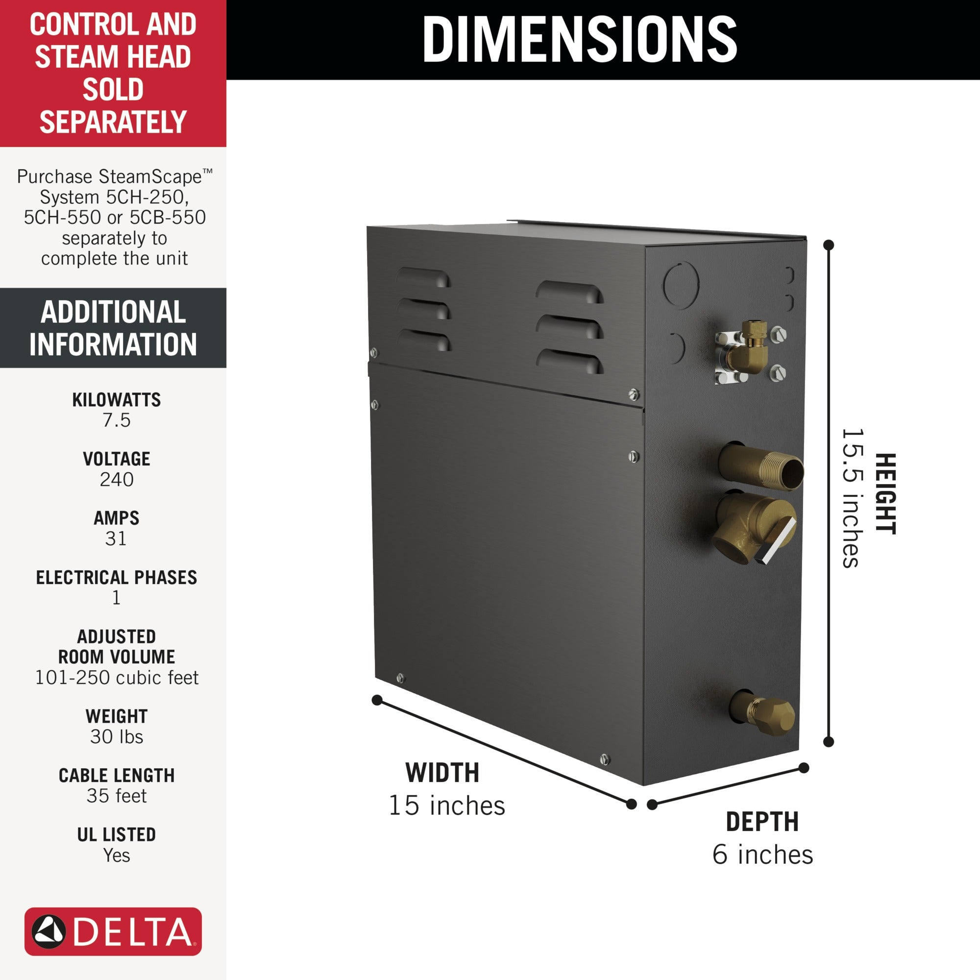 Delta Universal Showering Components SteamScape™ 7.5kW Steam Generator - 240V 1ph