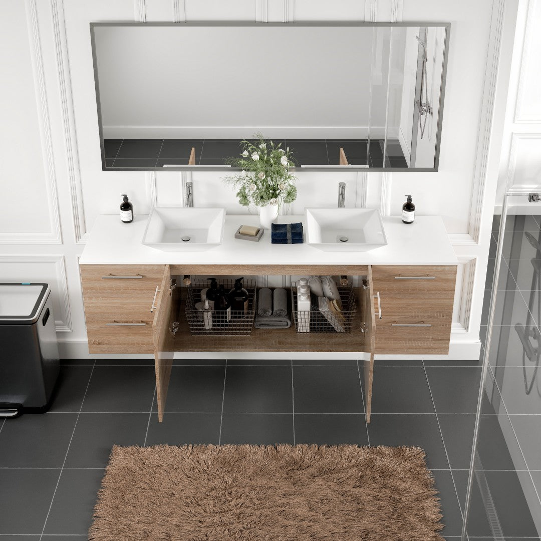 Eviva Luxy Wall Mount Bath Vanity with White Quartz Top and Vessel Porcelain Sinks