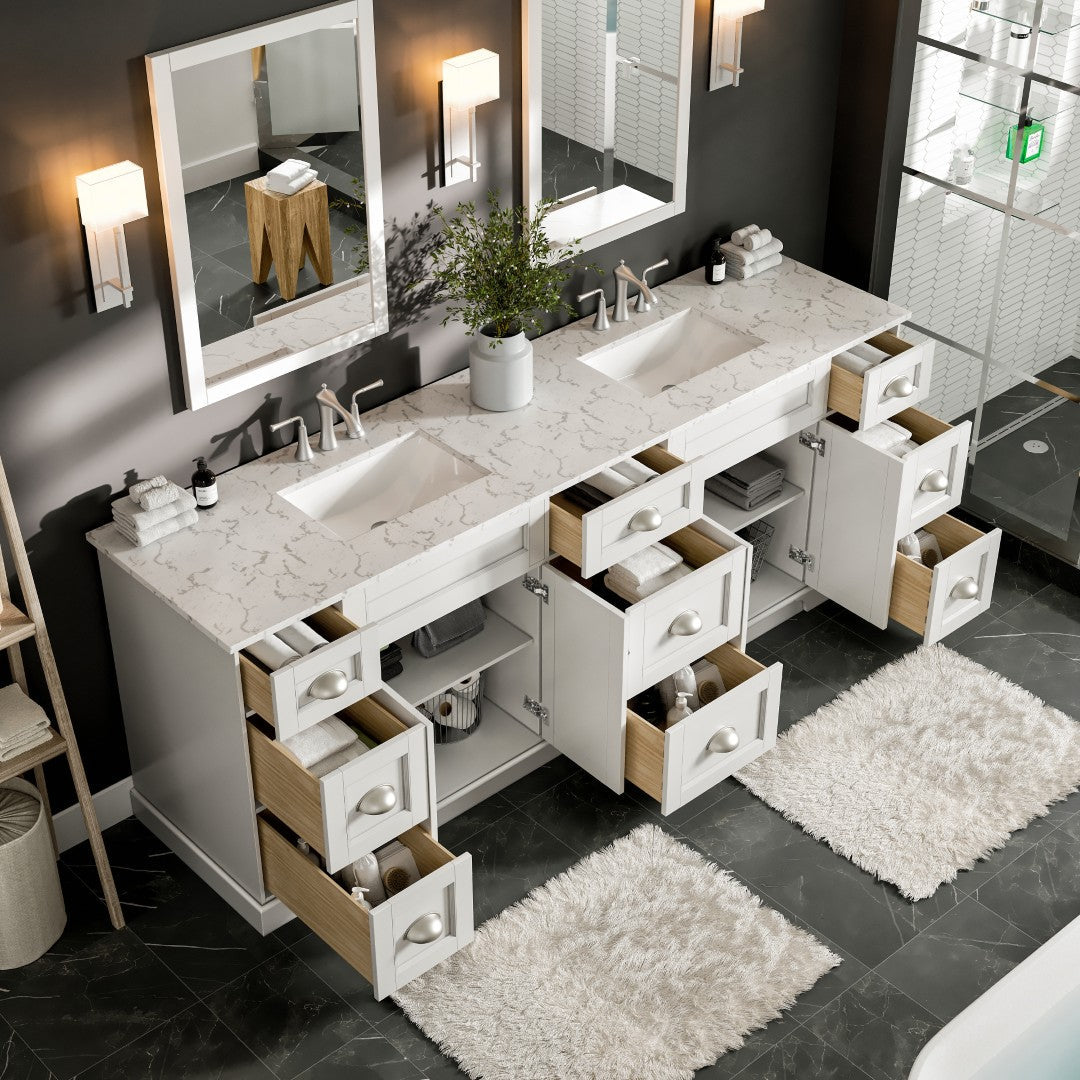 Eviva Epic Bath Vanity with Carrara Quartz Top and Undermount Porcelain Sinks (48"-100")