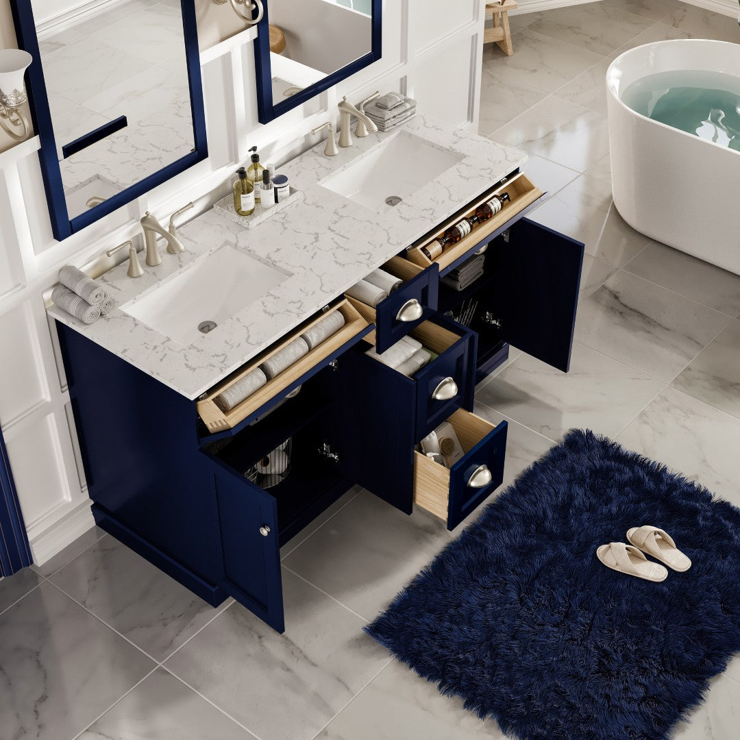 Eviva Epic Bath Vanity with Carrara Quartz Top and Undermount Porcelain Sinks (48"-100")