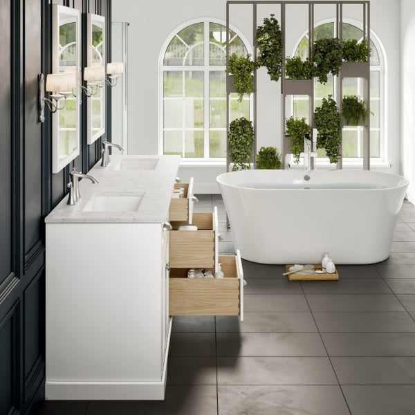 Eviva Epic Bath Vanity with Carrara Quartz Top and Undermount Porcelain Sinks (48"-100")