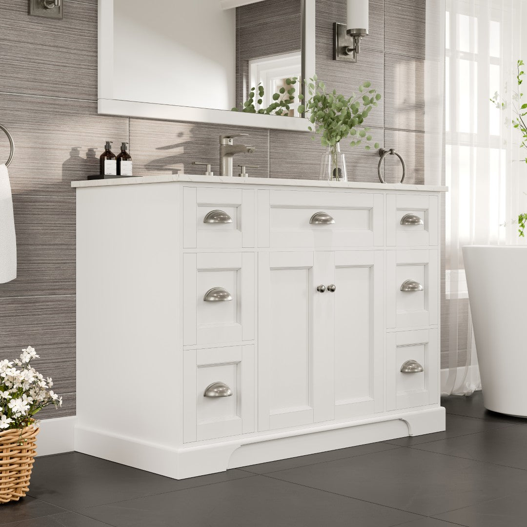 Eviva Epic Bath Vanity with Carrara Quartz Top and Undermount Porcelain Sinks (48"-100")