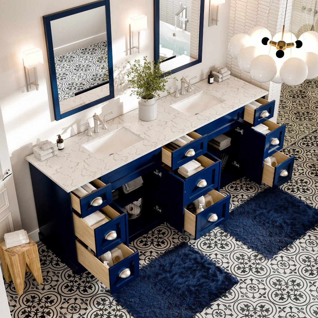 Eviva Epic Bath Vanity with Carrara Quartz Top and Undermount Porcelain Sinks (48"-100")