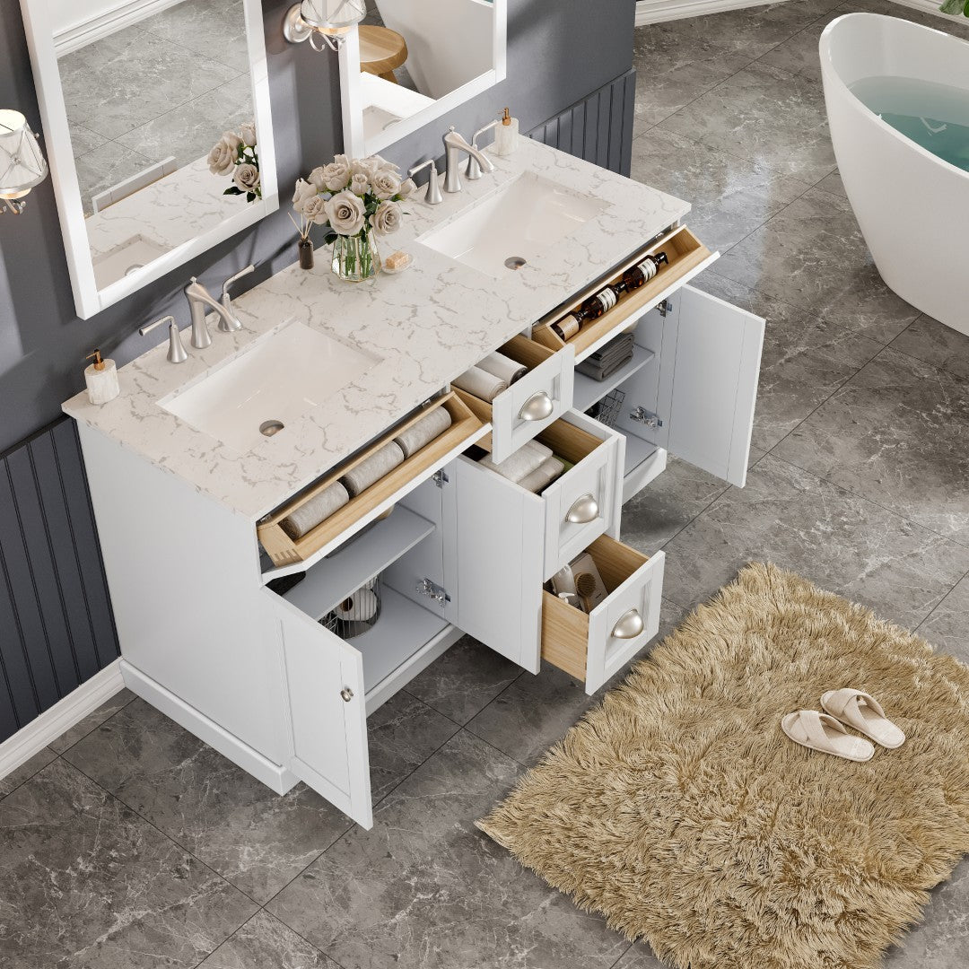 Eviva Epic Bath Vanity with Carrara Quartz Top and Undermount Porcelain Sinks (48"-100")