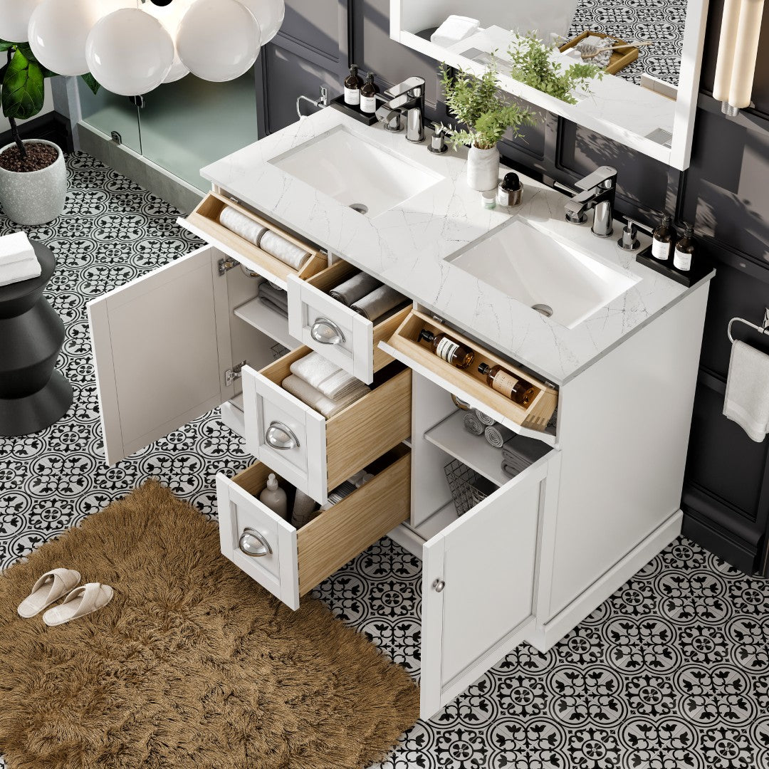 Eviva Epic Bath Vanity with Carrara Quartz Top and Undermount Porcelain Sinks (48"-100")