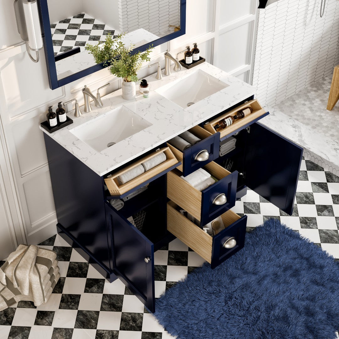 Eviva Epic Bath Vanity with Carrara Quartz Top and Undermount Porcelain Sinks (48"-100")