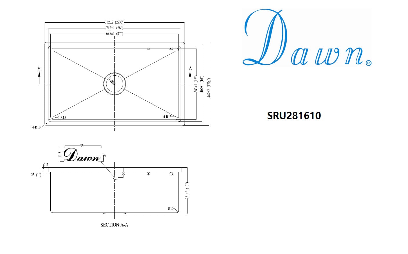 Dawn Undermount Small Radius Single Bowl  Kitchen Sink SRU281610