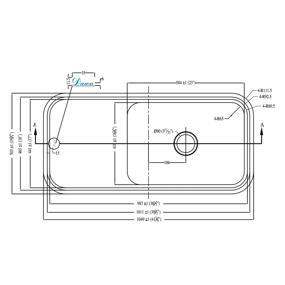 Dawn Undermount Single Bowl  Kitchen Sink with Extended Work Surface DSU4120