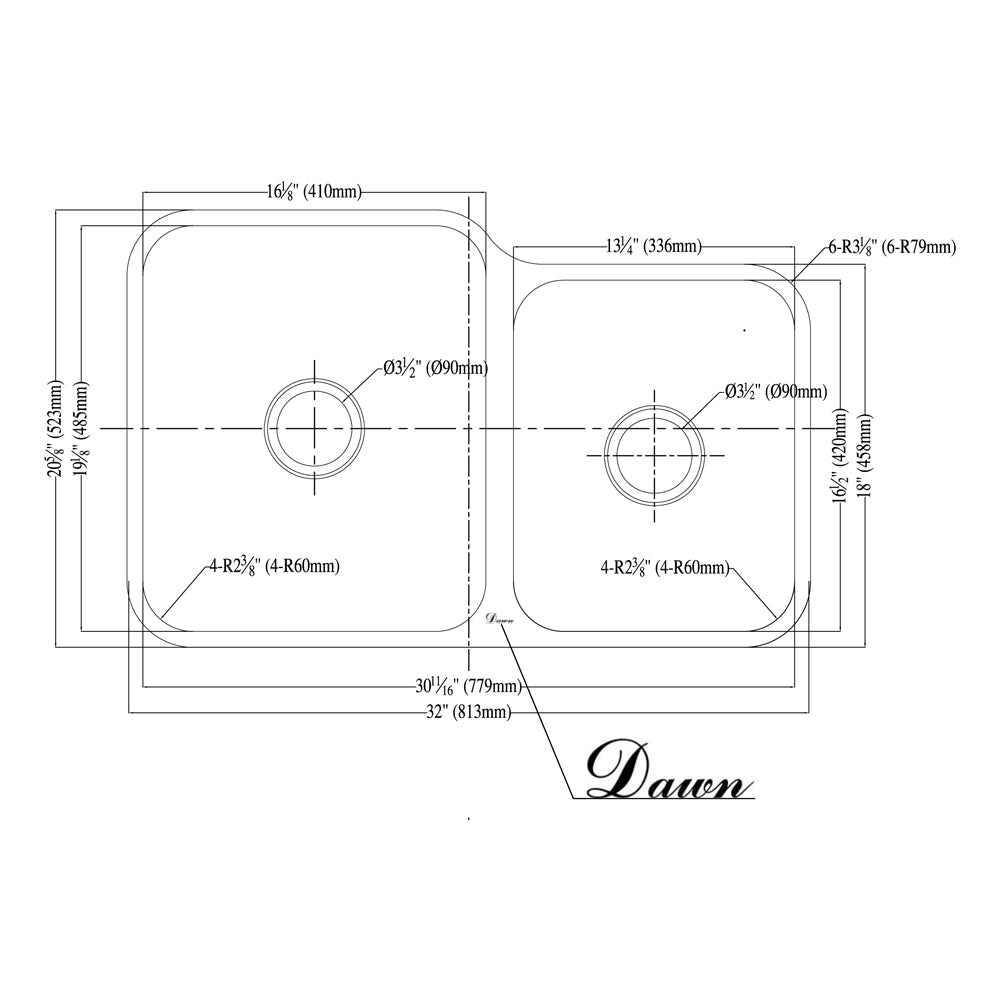 Dawn Undermount Double Bowl  Kitchen Sink DSU301916R