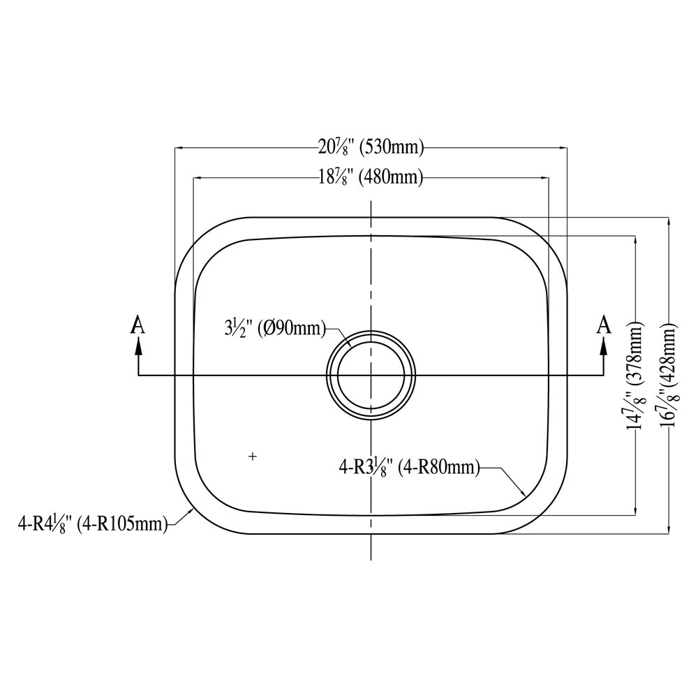 Dawn Undermount Single Bowl, 18G: 20-7/8"L x 16-7/8"W x 9-5/8"D (outside)