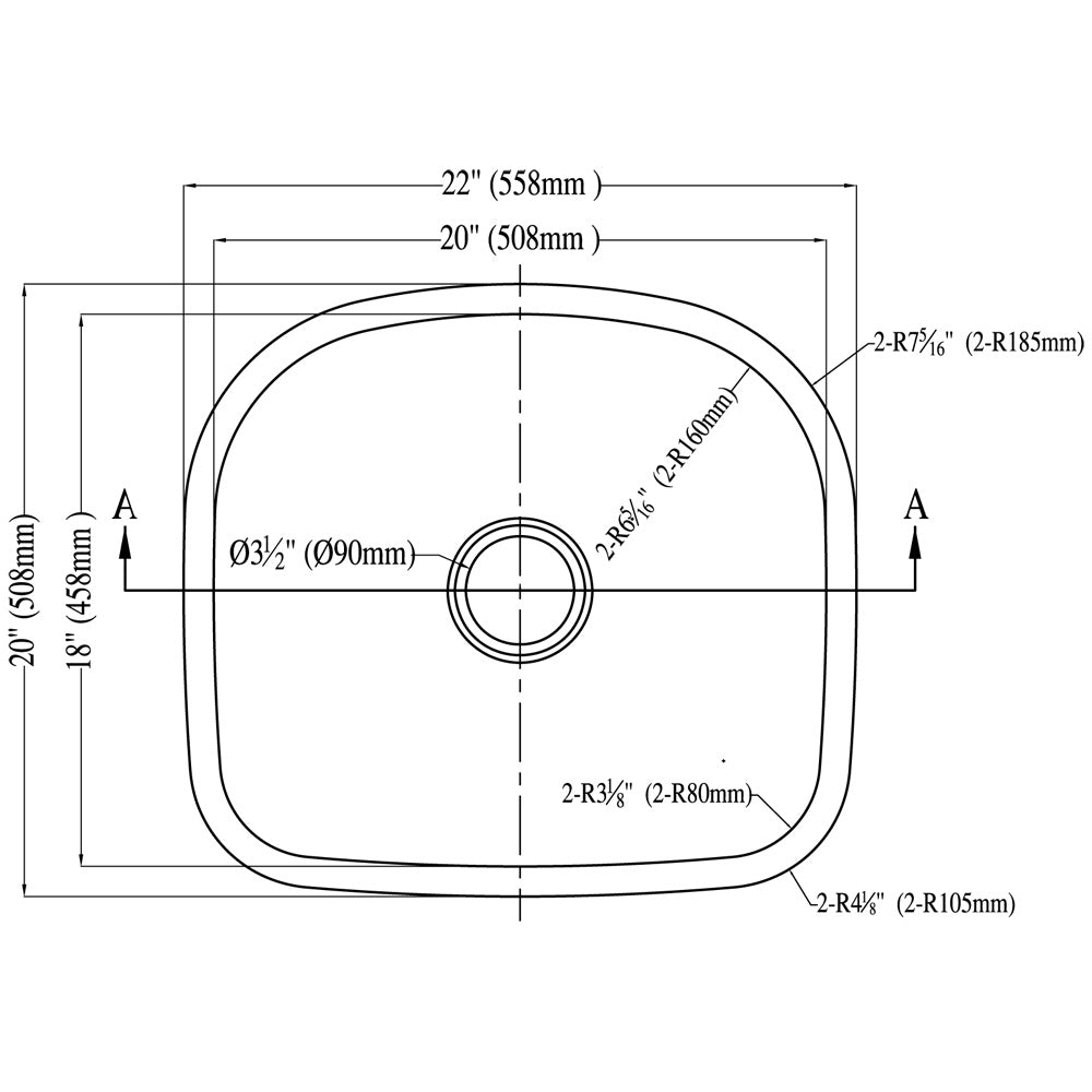 Dawn Undermount Single Bowl, 18G: 22"L x 20"W x 10"D (outside)