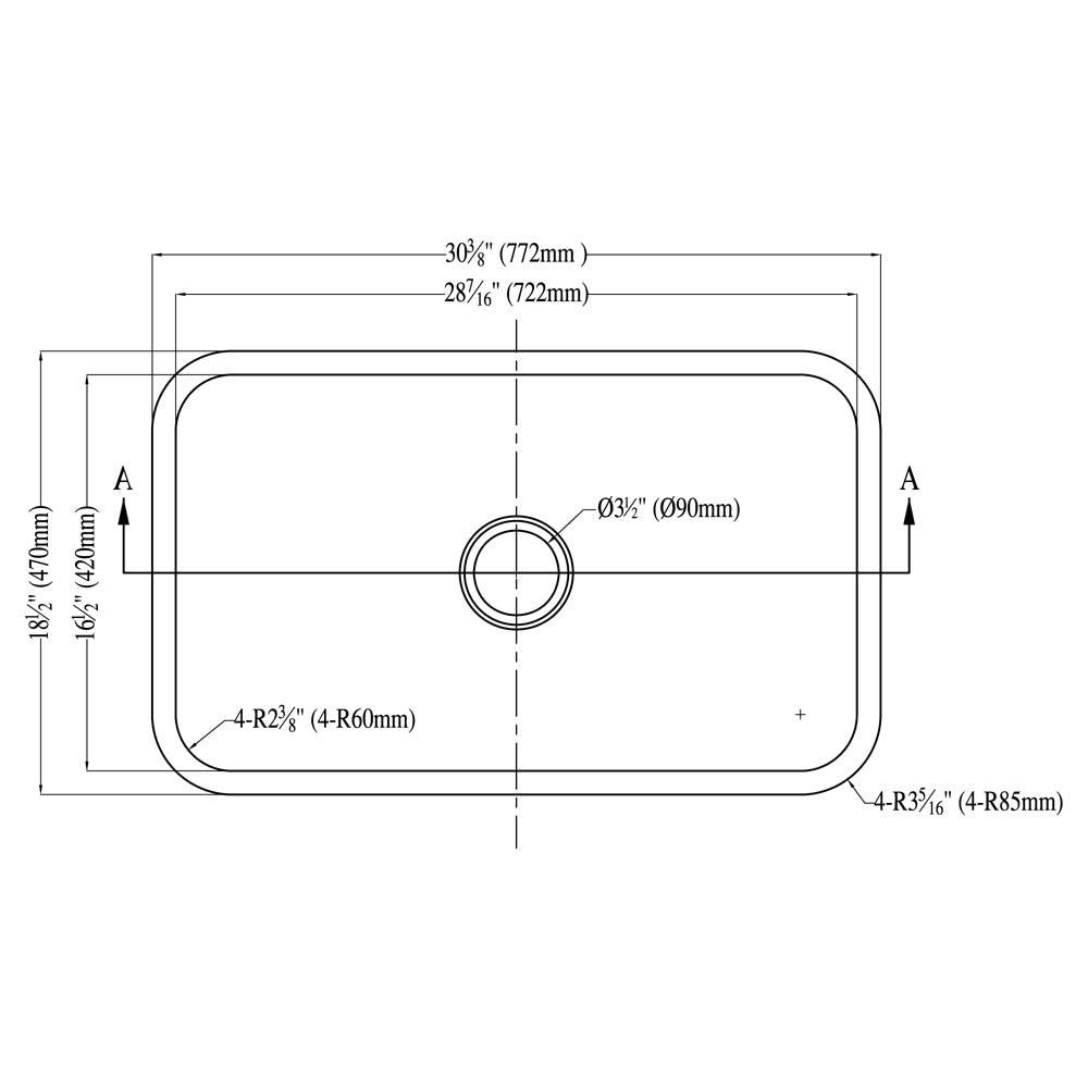 Dawn Undermount Single Bowl, 18G: 30-3/8"L x 18-1/2"W x 10-5/8"D (outside)