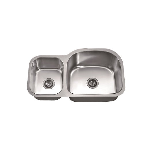 Dawn Undermount Double Bowl (Small Bowl on Left), 18G: 35"L x 20"W x 10"D (Large)/7-1/2"D (Small) (outside)