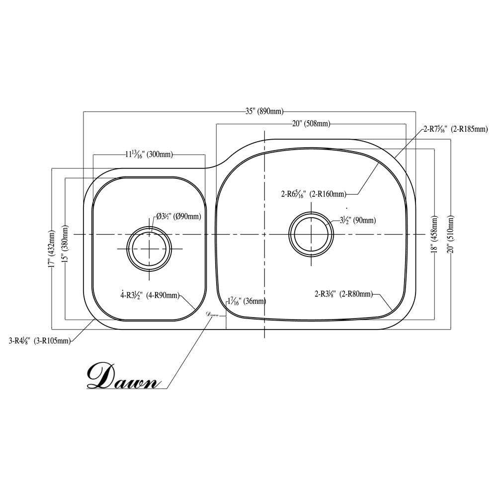 Dawn Undermount Double Bowl (Small Bowl on Left), 18G: 35"L x 20"W x 10"D (Large)/7-1/2"D (Small) (outside)